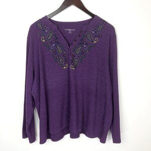 Croft and Barrow Embroidered Beaded Thermal Waffle Knit Henley Top Plus Size 3X